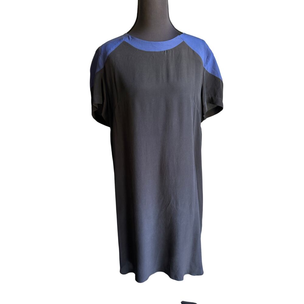 Sea New York 100% Silk Shift Dress Size 6 Black Blue Colorblock Short Sleeve